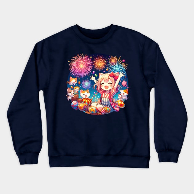 Happy new year 2024 Anime catgirl & friends Crewneck Sweatshirt by BrisaArtPrints